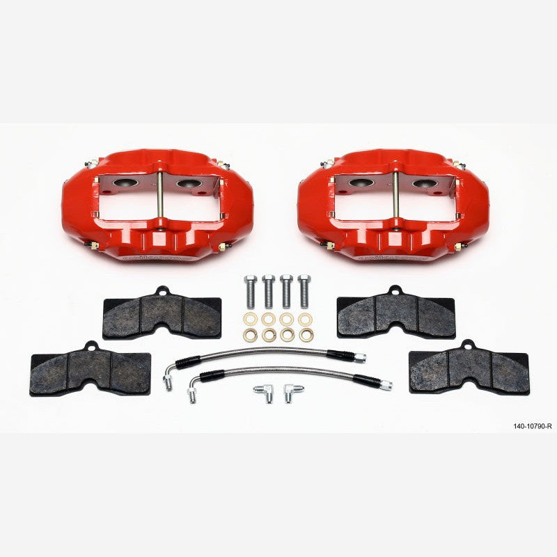 Red Wilwood D8-4 rear 4-piston brake calipers with stainless steel braided lines and performance brake pads.