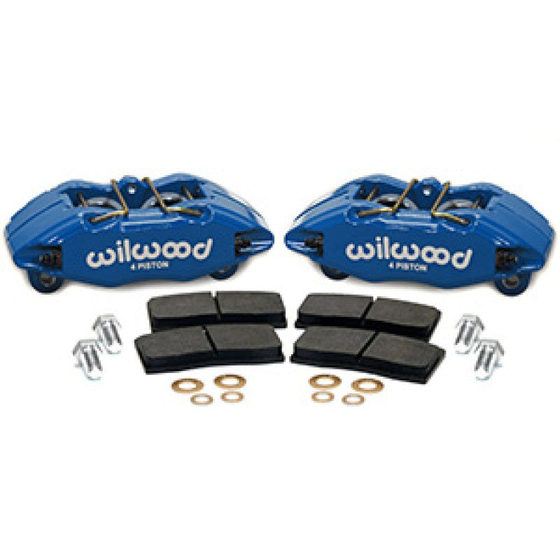 Pair of Wilwood DPHA blue 4-piston front brake calipers with performance brake pads