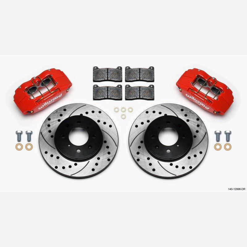 Wilwood DPHA red 4-piston brake calipers and drilled rotors for 1990-2013 Honda and Acura.