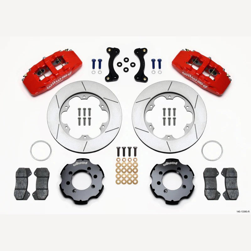 Red Wilwood Dynapro 6-piston front brake calipers and 11.00-inch GT slotted rotors for 2001-2005 Mazda Miata.