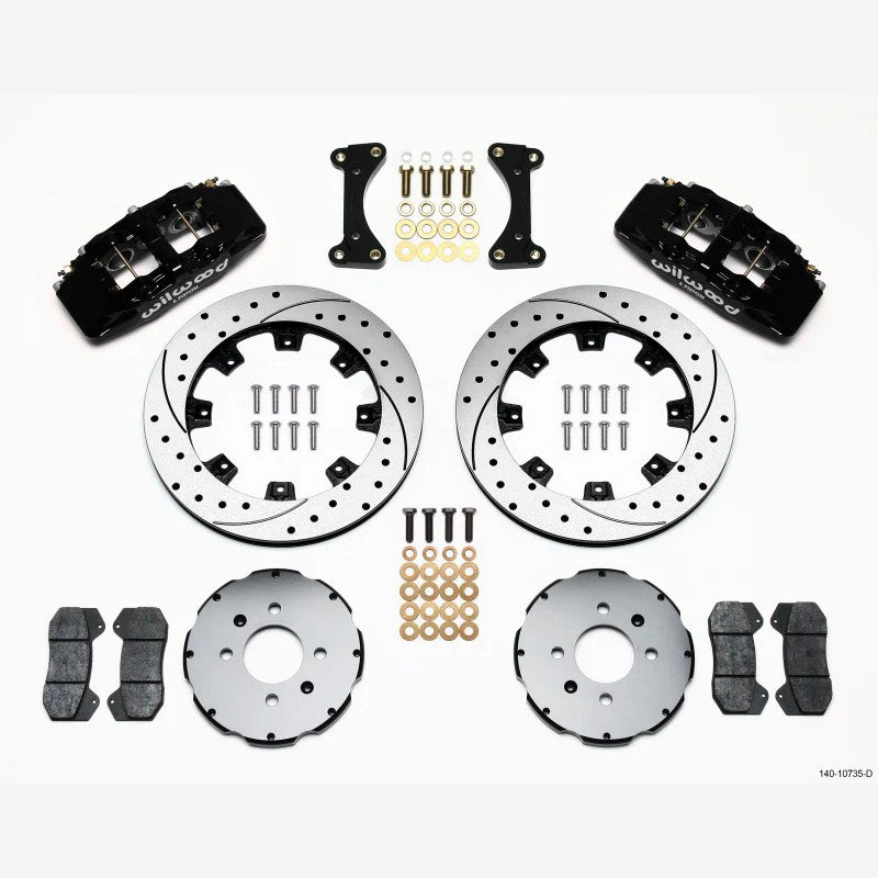Wilwood DynaPro 6 front brake kit with 12.19 inch drilled rotors and black 6-piston forged billet calipers.