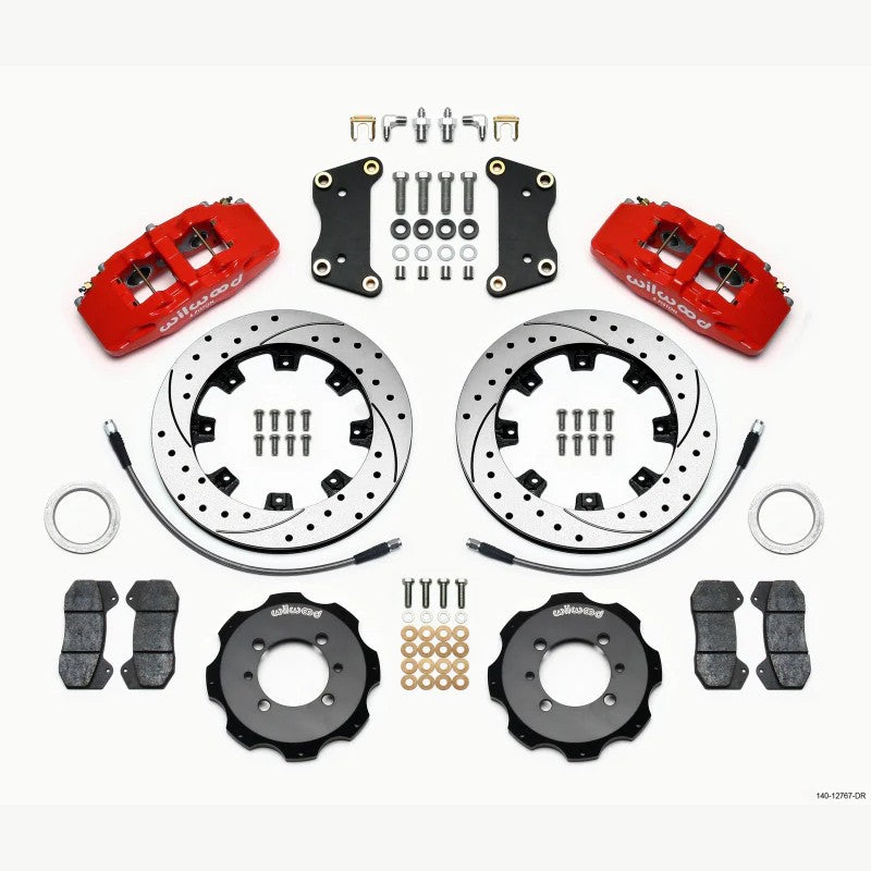 Wilwood DynaPro 6 red 6-piston calipers with 12.19-inch drilled rotors and braided stainless steel brake lines