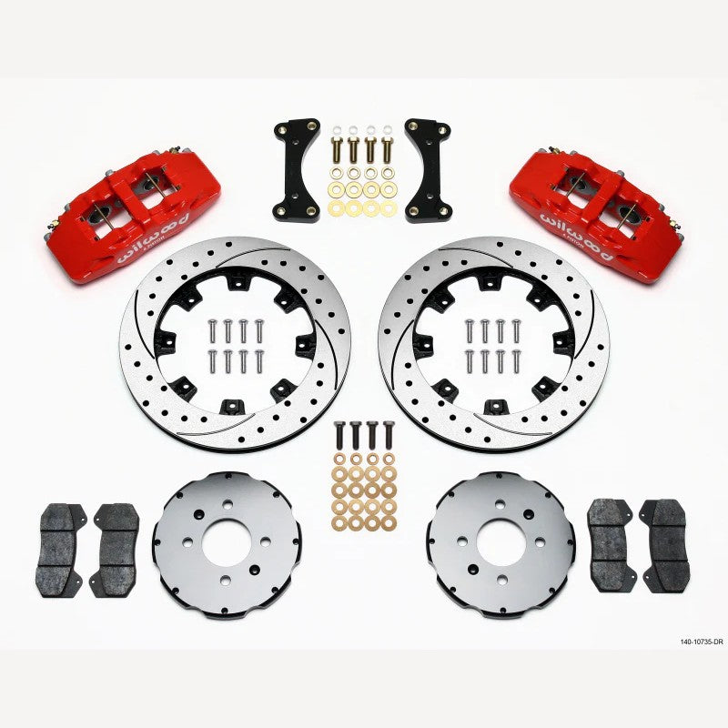 Wilwood Dynapro 6 front brake kit with red 6-piston forged calipers and 12.19 inch drilled rotors.