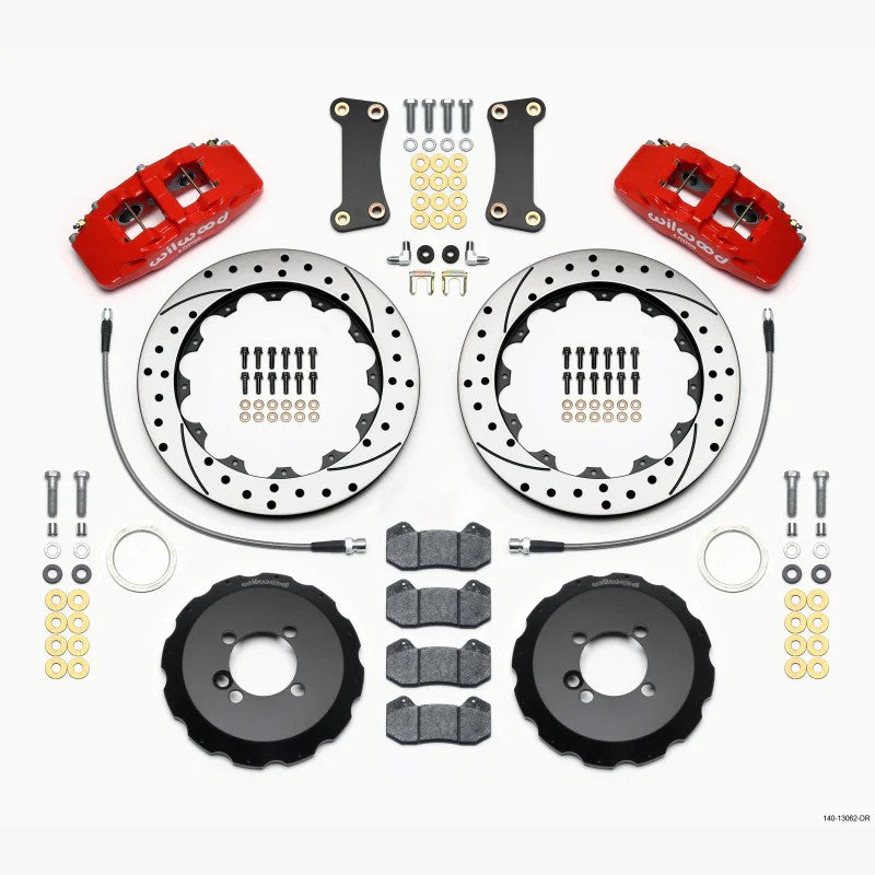 Wilwood Dynapro 6 front brake kit with red six-piston calipers, 12.88-inch drilled rotors, and brake lines.