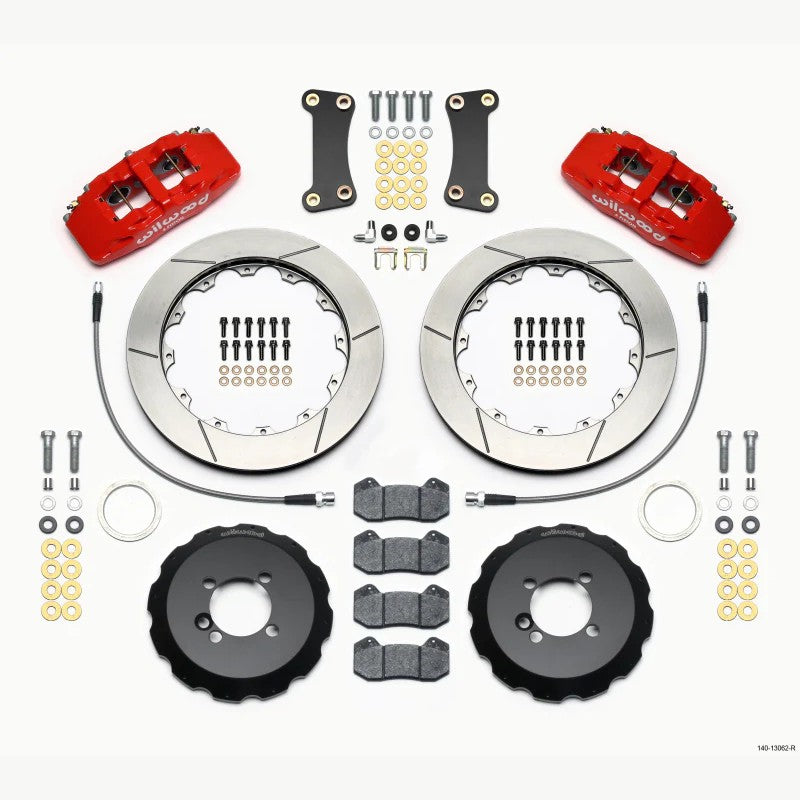 Red Wilwood Dynapro 6-piston brake calipers with 12.88-inch rotors and stainless steel braided brake lines.