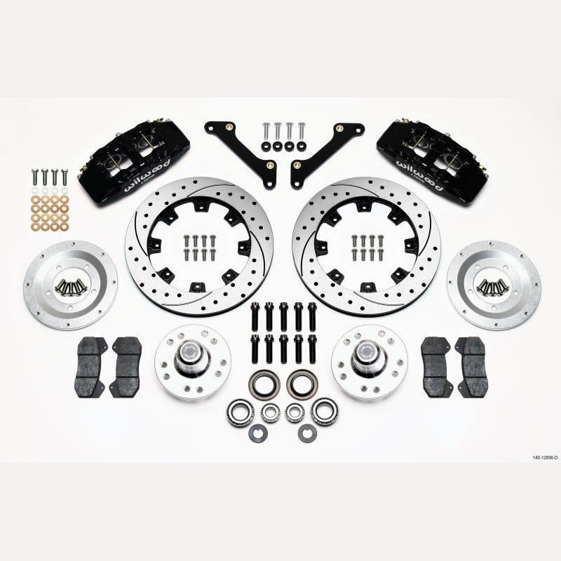 Wilwood Dynapro 6 front hub kit featuring forged billet 6-piston calipers and 12.19-inch drilled brake rotors.
