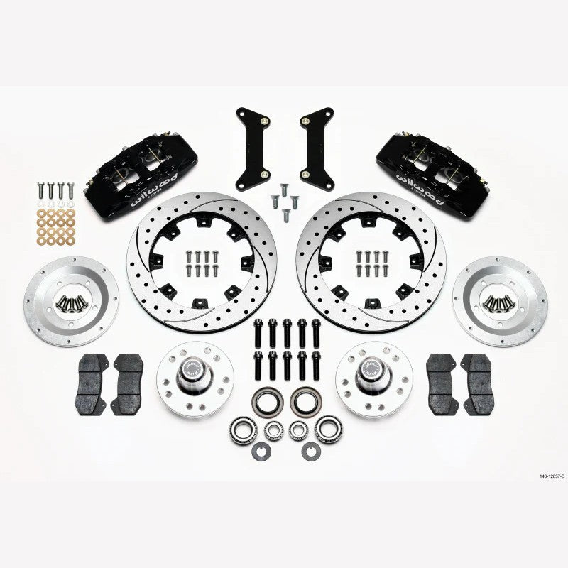 Wilwood Dynapro 6 front hub brake kit featuring forged 6-piston calipers and 12.19-inch drilled rotors.