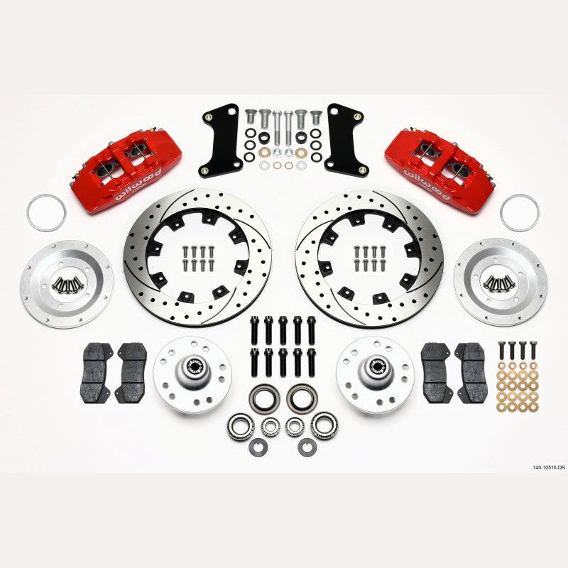 Wilwood DynaPro 6 front brake kit with red 6-piston forged billet calipers and 12.19-inch drilled rotors