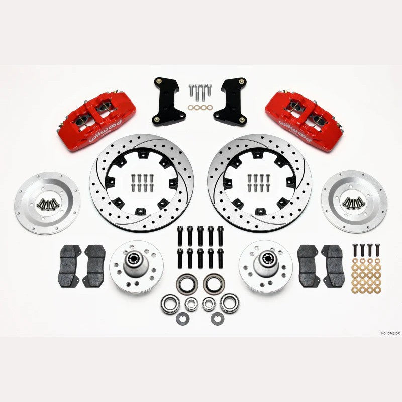 Wilwood Dynapro 6 front brake kit with red 6-piston calipers and 12.19-inch cross-drilled rotors for classic Ford spindles