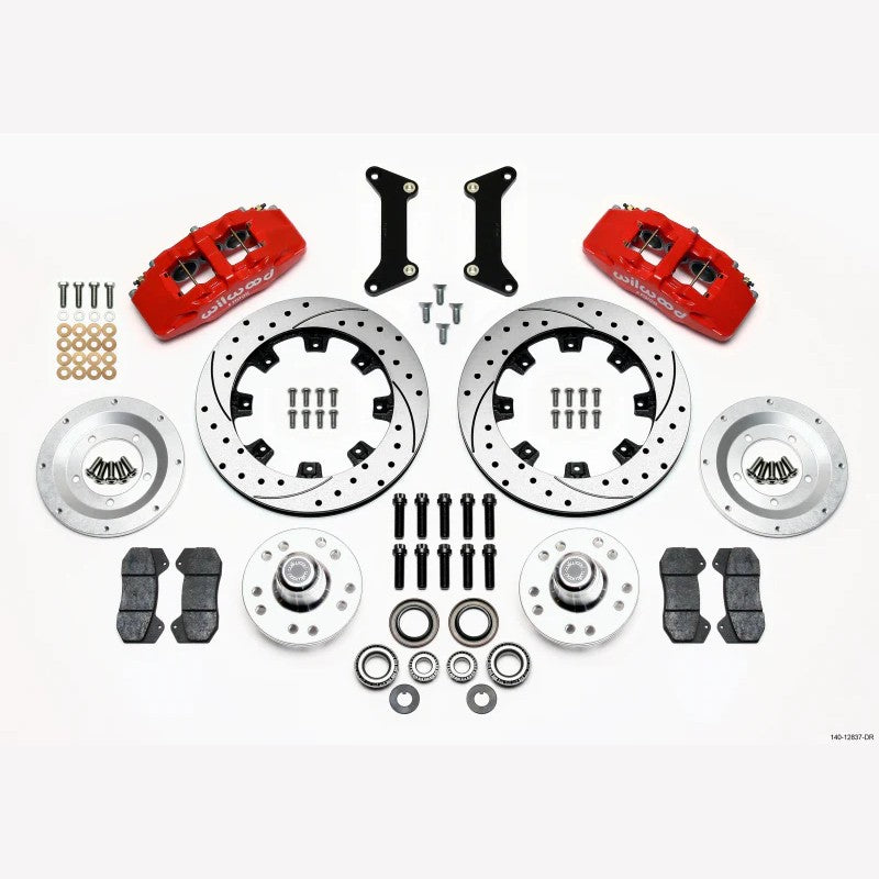 Wilwood DynaPro 6-piston red calipers and 12.19-inch drilled rotors for GM front hub brake kit.