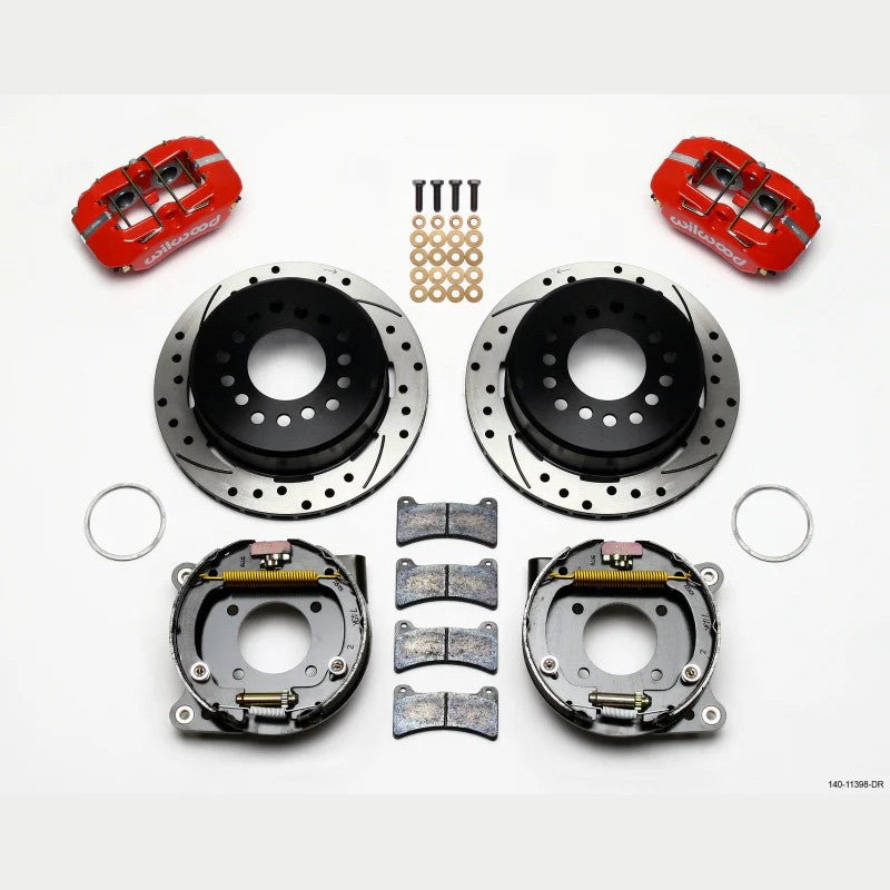 Wilwood Dynapro Low-Profile rear brake kit featuring red 4-piston calipers and drilled 11-inch rotors for Chevy 12-bolt.