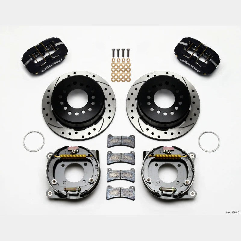 Wilwood Dynapro Low-Profile rear brake kit featuring black 4-piston calipers and 11-inch drilled one-piece rotors.