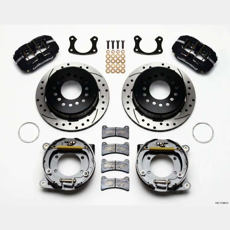 Wilwood Dynapro Low-Profile rear disc brake kit with 4-piston calipers and 11-inch drilled one-piece rotors.