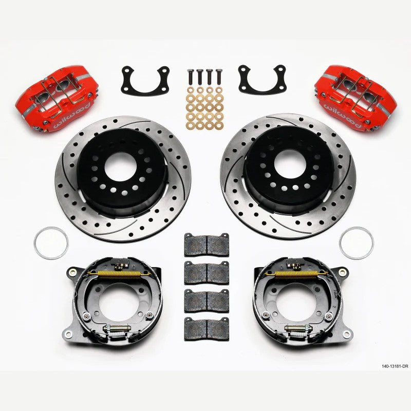 Wilwood Dynapro Pro-Series rear disc brake kit featuring red 4-piston calipers and 12.19-inch drilled rotors.