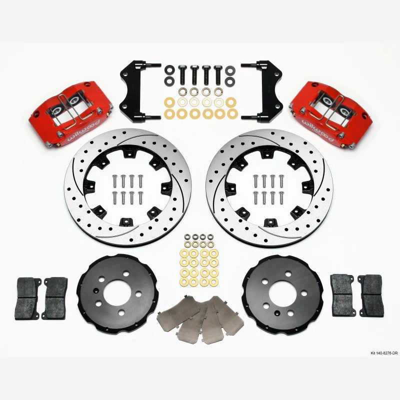 Wilwood DynaPro 4-piston red radial mount brake calipers and 12.19-inch drilled rotors kit for Volkswagen and Audi.