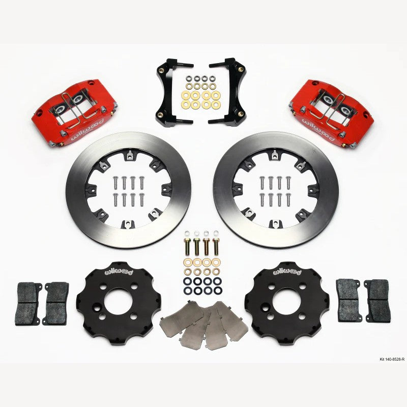 Wilwood DynaPro Radial front brake kit with red 4-piston forged billet calipers and 12.19-inch rotors.