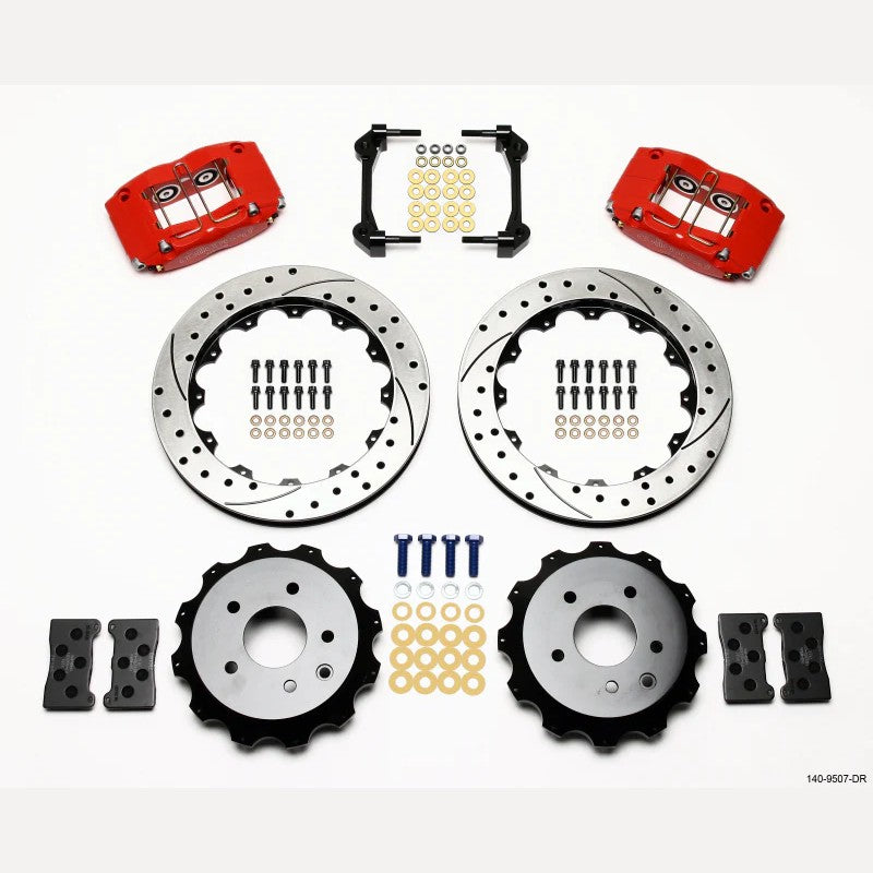 Wilwood Dynapro radial rear brake kit with red four-piston calipers and 13-inch drilled rotors.