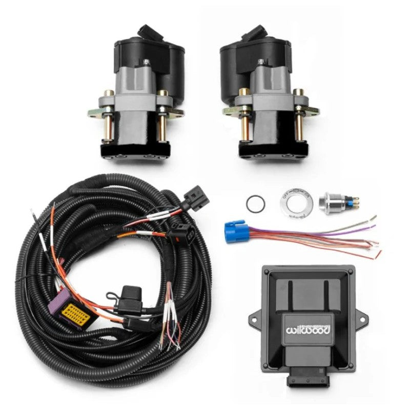 Wilwood electronic rear parking brake caliper kit featuring black powder coated calipers and integrated electric motors.