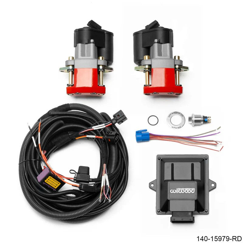 Wilwood Electronic Parking Brake calipers in red powder coat finish with control module and wiring harness