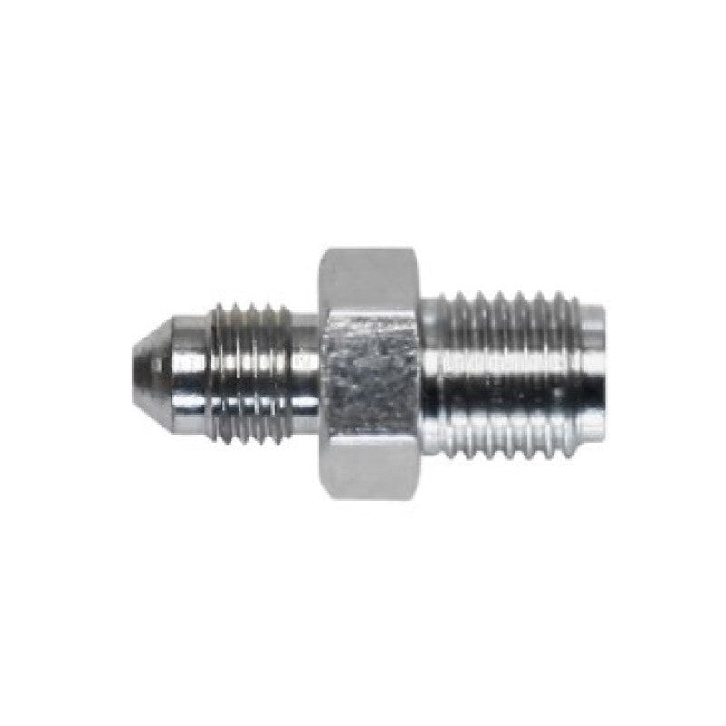 Wilwood 220-14159 steel fitting adaptor with -3 JIC to 7/16-20 male threads.