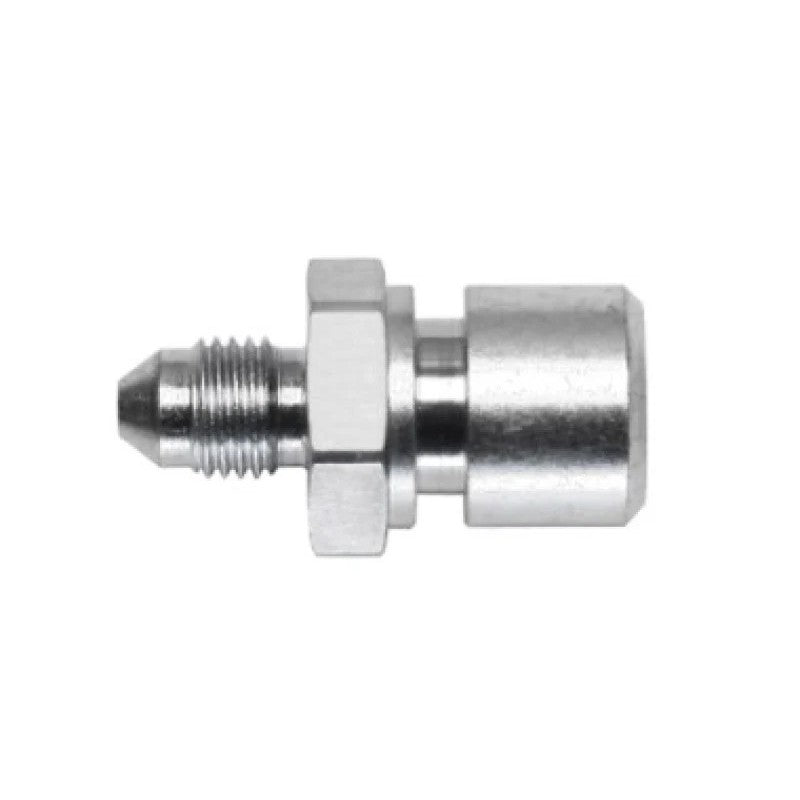Wilwood brake line fitting adapter showing -3 AN male and 3/8-24 inverted flare male thread ends.