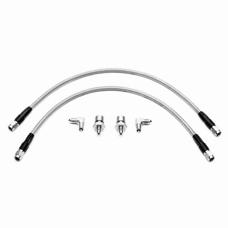 Stainless steel braided brake lines and adapter fittings for Wilwood Forged Dynalite calipers.