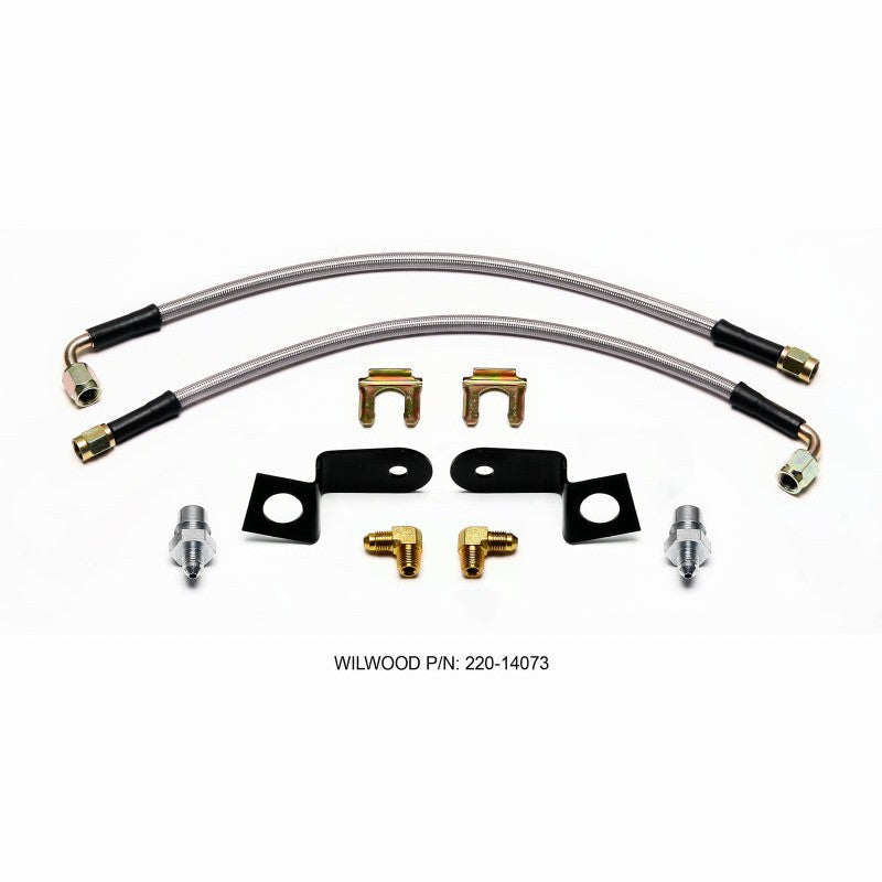 Wilwood 14-inch stainless steel braided Flexline brake hose with 90-degree M10-1.00 fitting and mounting bracket