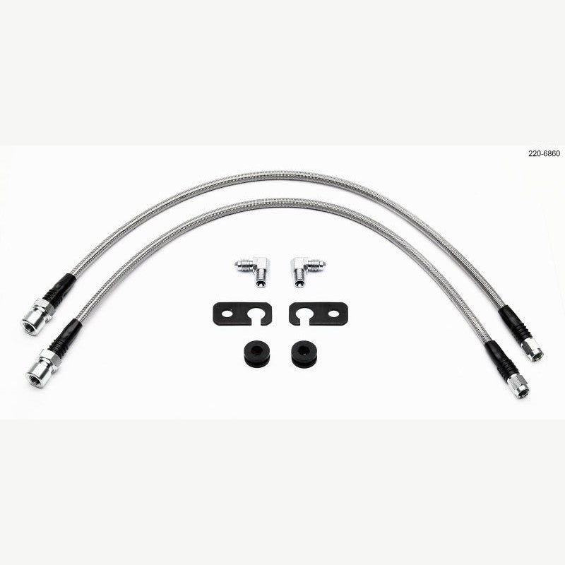 Wilwood 220-6860 Flexline stainless steel braided front brake line kit with fittings and adapters.