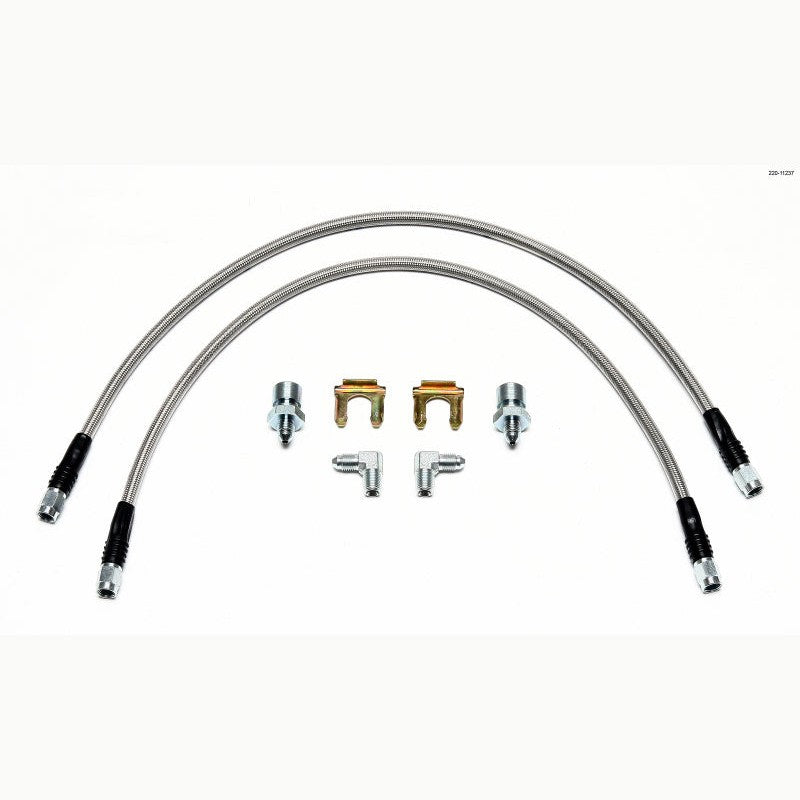 Wilwood 22-inch braided stainless steel brake flexline kit with 90-degree and 3/8-24 fittings.