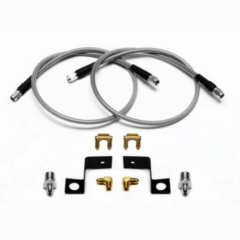 Wilwood 30-inch stainless steel braided brake hose with 90-degree NPT fitting and silver mounting bracket.