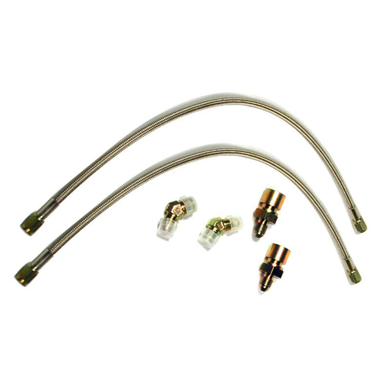 Wilwood braided stainless steel front brake lines and hardware kit for 1986-1993 Ford Mustang calipers.