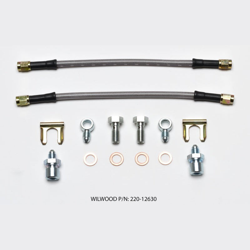 Wilwood 10-inch stainless steel braided brake lines with 10mm banjo fittings and 3/8-24 chassis adapters.