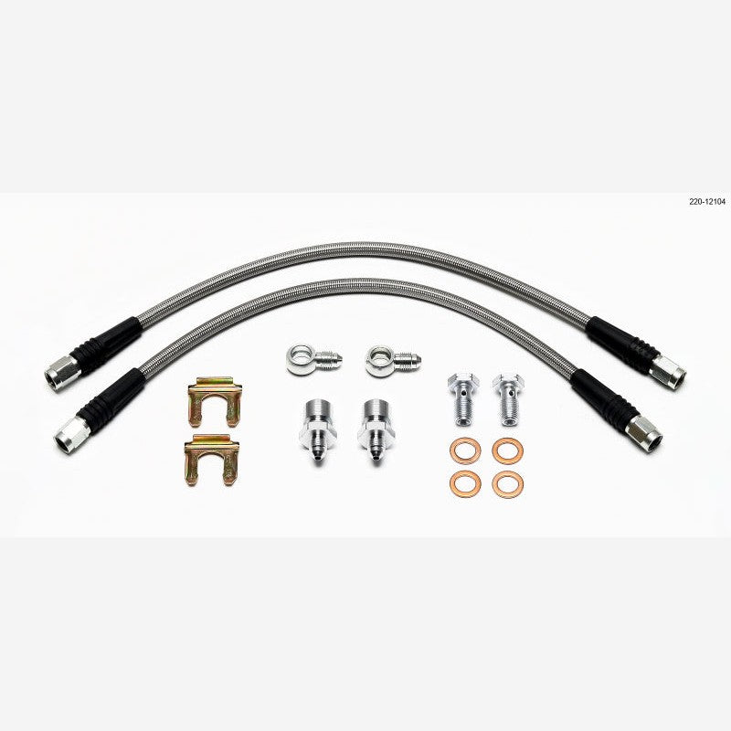 Wilwood braided stainless steel Flexline brake line kit with 14-inch hoses and 10mm banjo fittings.