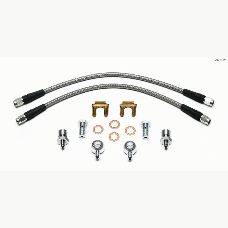 Wilwood 14-inch stainless steel braided brake lines with 7/16-20 banjo bolts and copper crush washers.