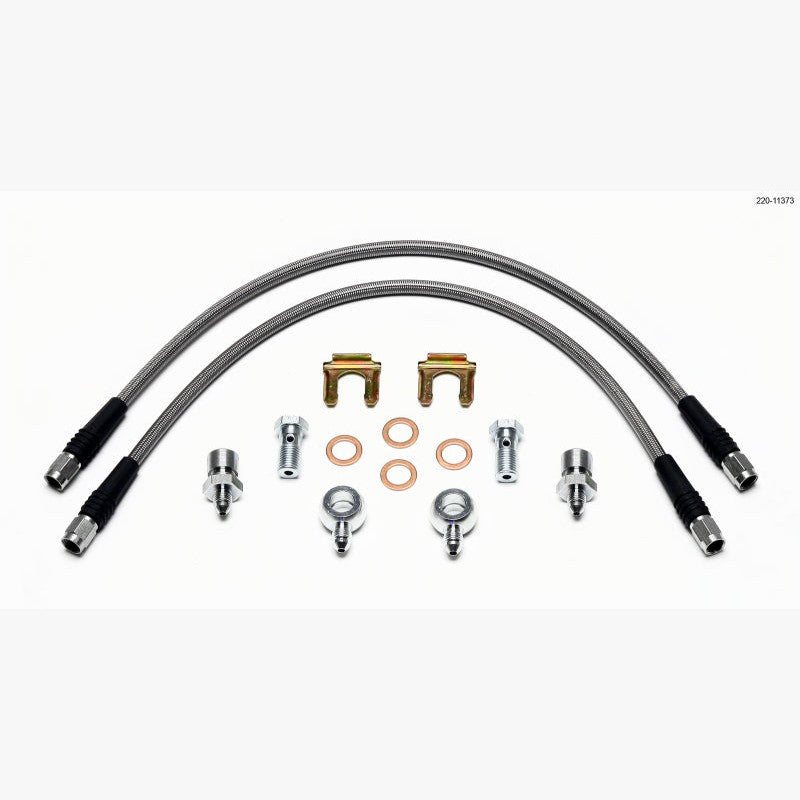 Wilwood Flexline braided stainless steel brake hose kit with 7/16-20 banjo bolts and crush washers for D52 calipers