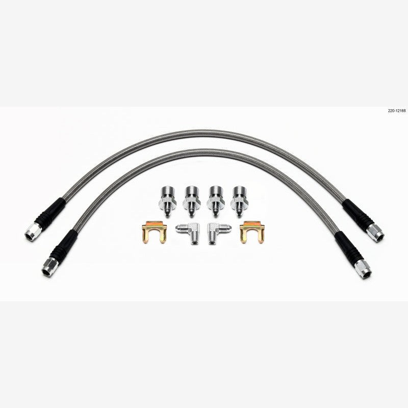 Wilwood braided stainless steel front flexline brake hose kit for 1965-1969 Ford Mustang.