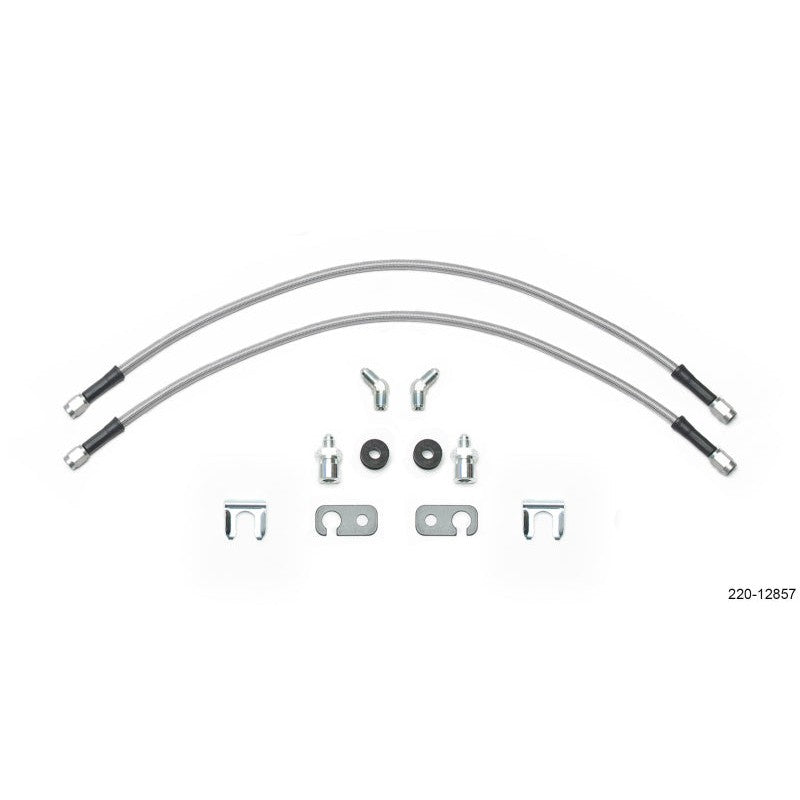 Wilwood 220-12857 stainless steel braided front brake flexlines with silver fittings for 1999-2005 Subaru.