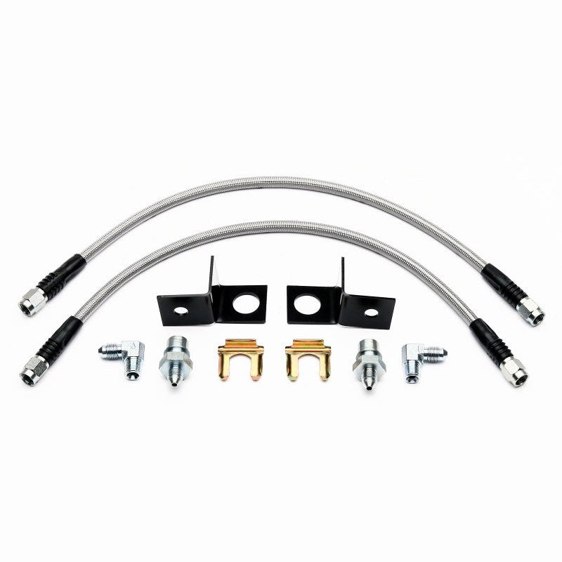 Wilwood 18-inch rear stainless steel braided brake lines with 90-degree fittings and offset L-brackets.