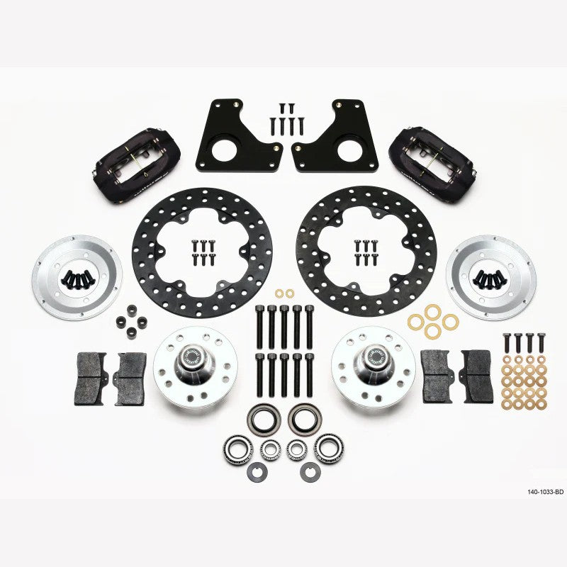 Wilwood Forged Dynalite front drag brake kit featuring 4-piston calipers and drilled steel rotors.
