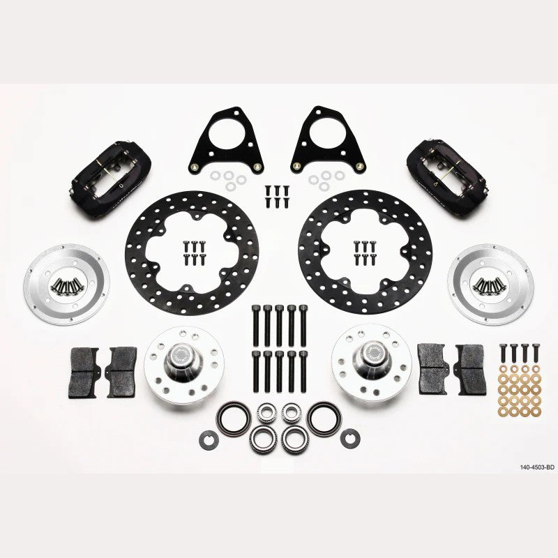 Wilwood Forged Dynalite 4-piston front drag brake kit with drilled steel rotors and 5-lug billet hubs