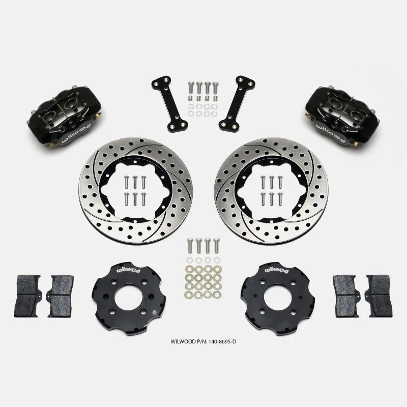 Wilwood Forged Dynalite front brake kit featuring black 4-piston calipers and 11.00-inch drilled rotors.