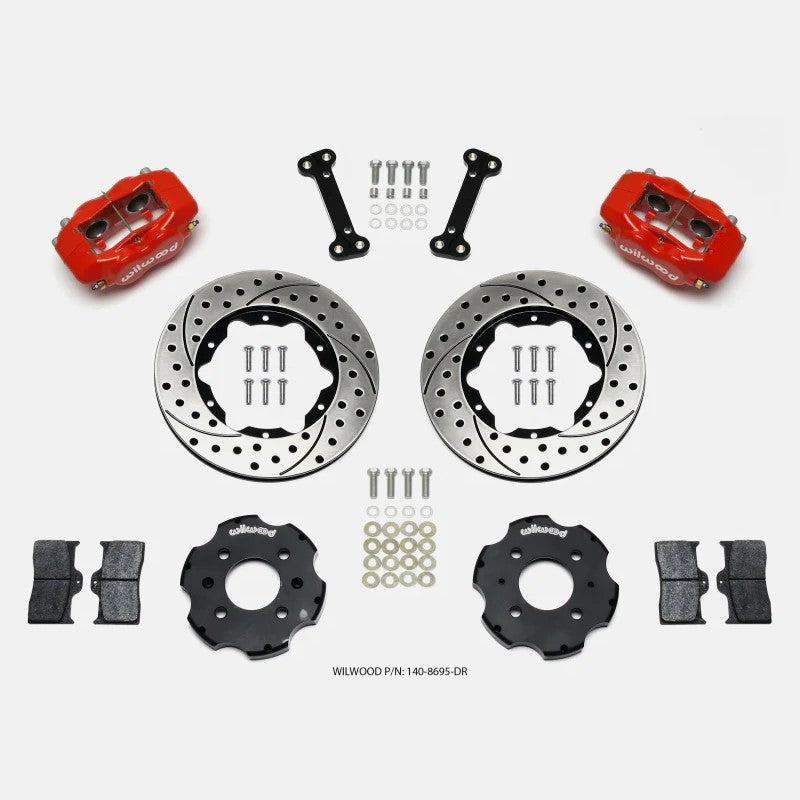 Wilwood Forged Dynalite front big brake kit featuring red 4-piston calipers and 11-inch drilled rotors.