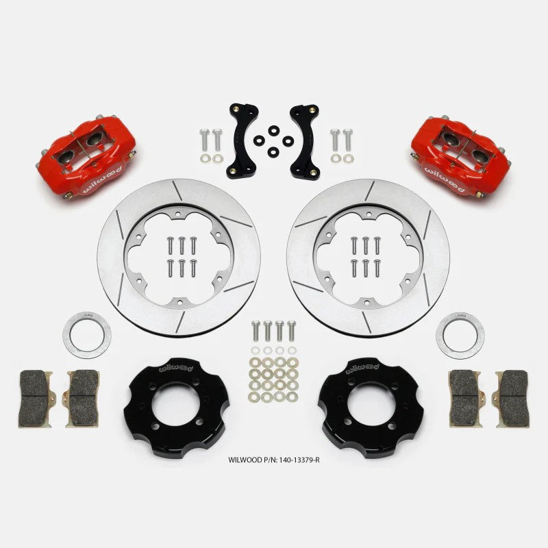 Wilwood Forged Dynalite front brake kit with red 4-piston calipers and slotted 11-inch GT rotors for Mazda Miata.