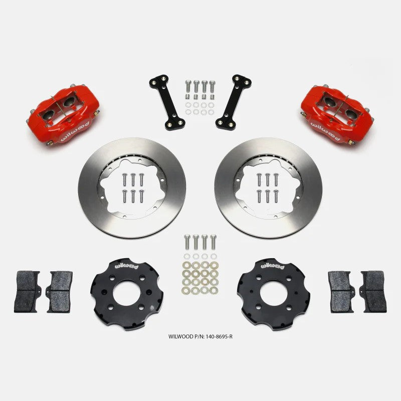 Wilwood Forged Dynalite front brake kit featuring red 4-piston calipers and 11.00-inch rotors for Honda Civic and CRX.