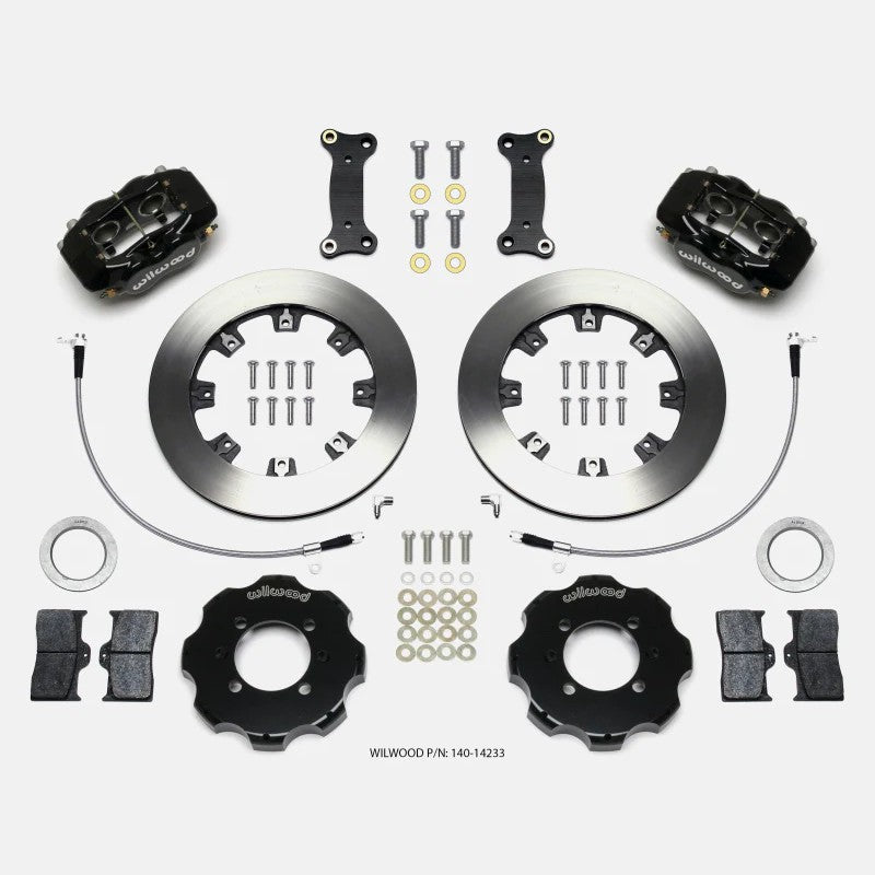 Wilwood Forged Dynalite front big brake kit including 4-piston calipers, 12.19-inch rotors, and stainless steel lines.
