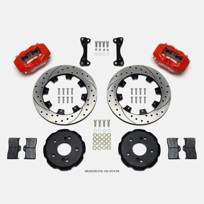 Wilwood Forged Dynalite front brake kit featuring red 4-piston calipers and 12.19-inch drilled rotors with aluminum hats.