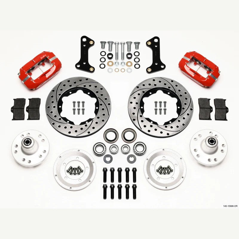Wilwood FDL Pro-Series front disc brake kit with red 4-piston calipers and 11-inch drilled and slotted rotors.