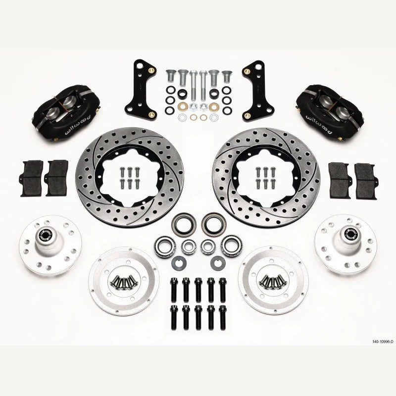 Wilwood 140-10996-D Forged Dynalite front disc brake kit featuring 11-inch drilled rotors and 4-piston calipers.