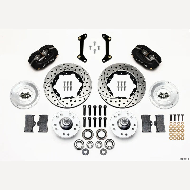 Wilwood Forged Dynalite front disc brake kit with 4-piston calipers and 11-inch drilled rotors.