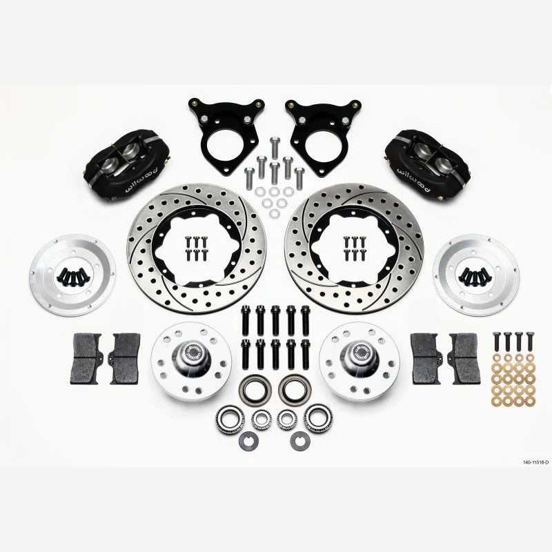 Wilwood Forged Dynalite front brake kit with 11-inch drilled rotors and 4-piston calipers for 1985-1993 Ford Mustang.